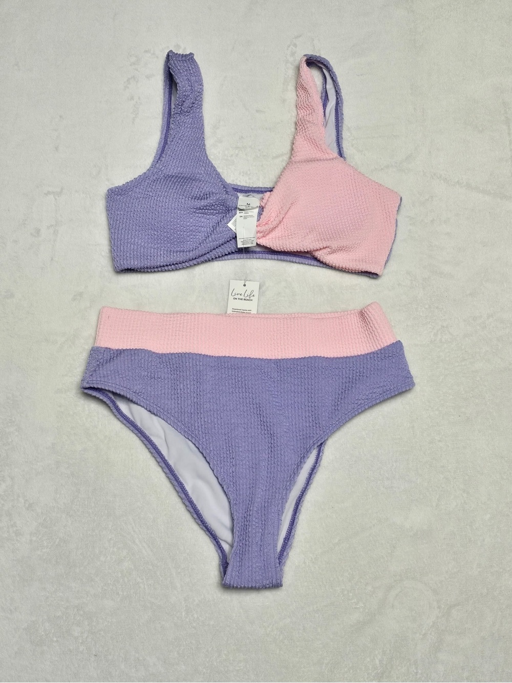 NWT Cupshe Two-Tone Textured Bikini Set in Lavender & Soft Pink Medium